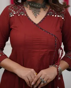 Printed Cotton Anarkali Kurta Set with Pant & Dupatta – Sequence Katha Work