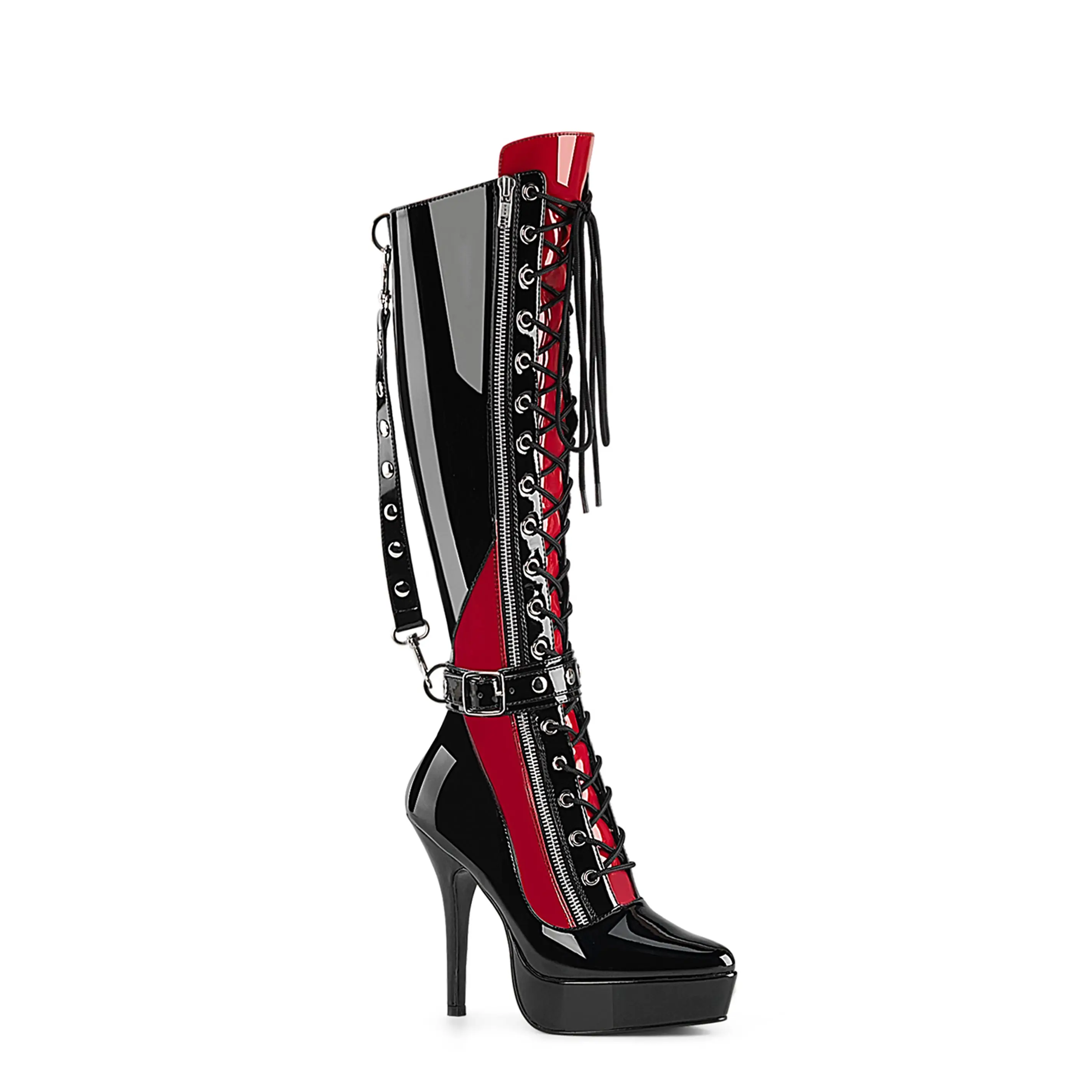 Indulge-2028 Platform Knee High Boots-Black-Red