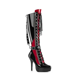 Indulge-2028 Platform Knee High Boots-Black-Red
