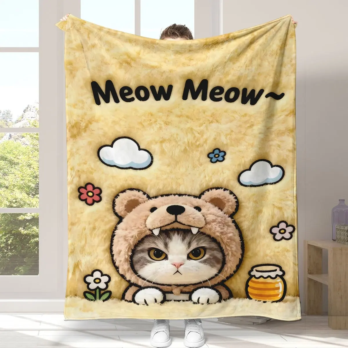 "Meow Meow" Kawaii Cat in Bear Hoodie Honey Flower Flannel Blanket - Soft, Cozy, Warm Fuzzy Plush Throw, Perfect Birthday Christmas Gift for Cat Lovers, Ideal for Nursery Bedroom Sofa Home Decor