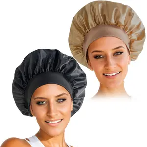 2 Pack Satin Bonnet Silk Bonnet for Sleeping, Bonnets for Black Women Shower Caps for Women, Double Waterproof Layers Shower Cap for Curly Hair - Solid Color