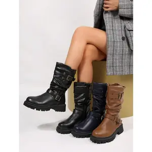 Women's Double Buckle Ruched Ankle Boots, Stylish Y2K Moto Winter Shoe, Womensfashion PU Leather Boots for Women, Low Heel Walking Footwear, Perfect Valentine's Day Gift