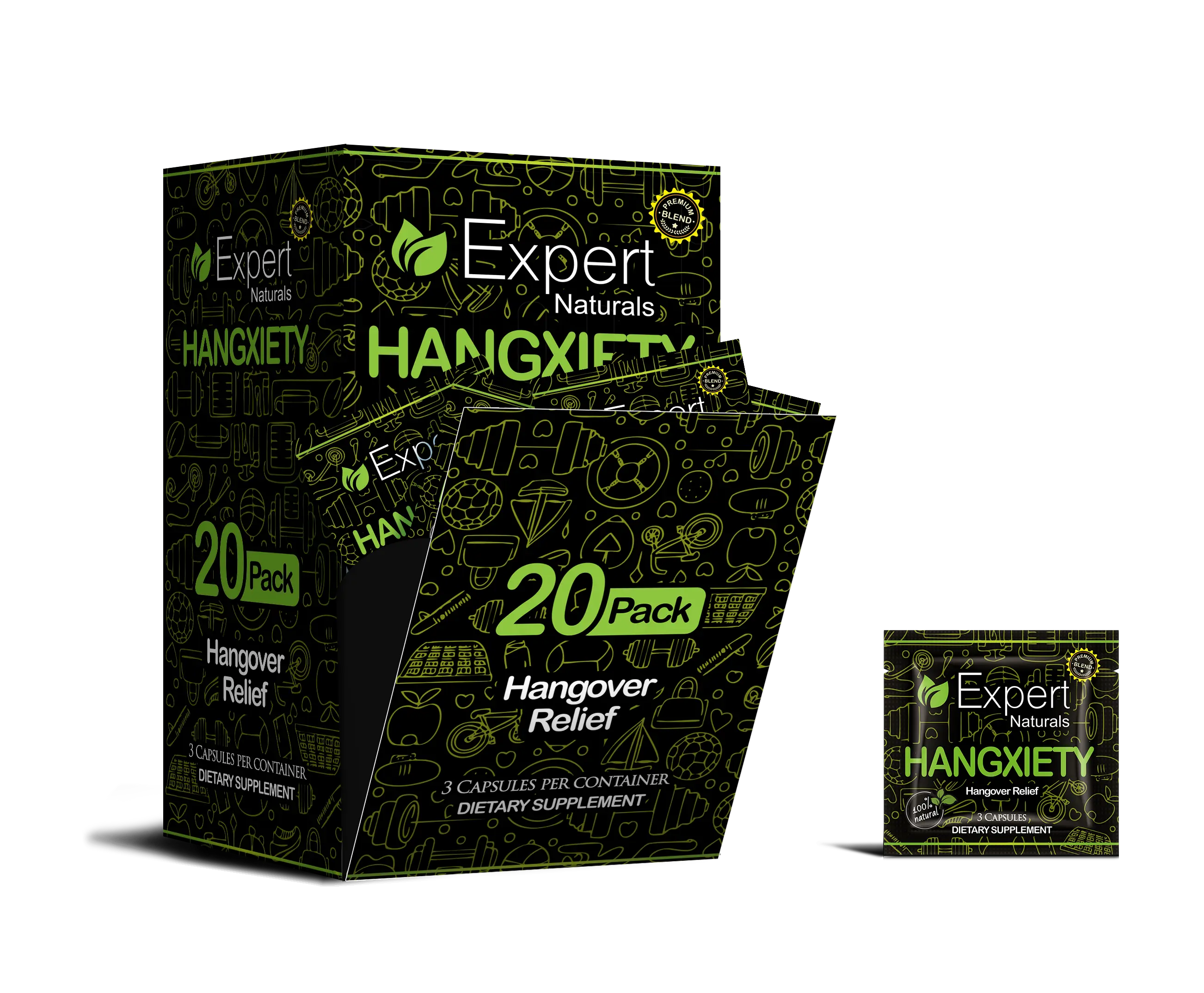 Expert Naturals Hangxiety Hangover Relief Dietary Supplement - 20 Single-Dosage Packs (3 Capsules Each, 700mg Total) with Ginger, Vitamin C, Minerals, Herbs, Botanical Extracts, L-Cysteine HCl Monohydrate, Vine Tea Extract for Adult Health Support, 20 Pac
