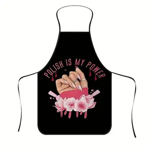 1pc "Polish is My Power" Manicure Print Apron - Durable Polyester, Black with Pink & White Design, Ideal for Cooking, BBQ, Gardening, Painting, Nail Art - Unisex, Indoor/Outdoor Use