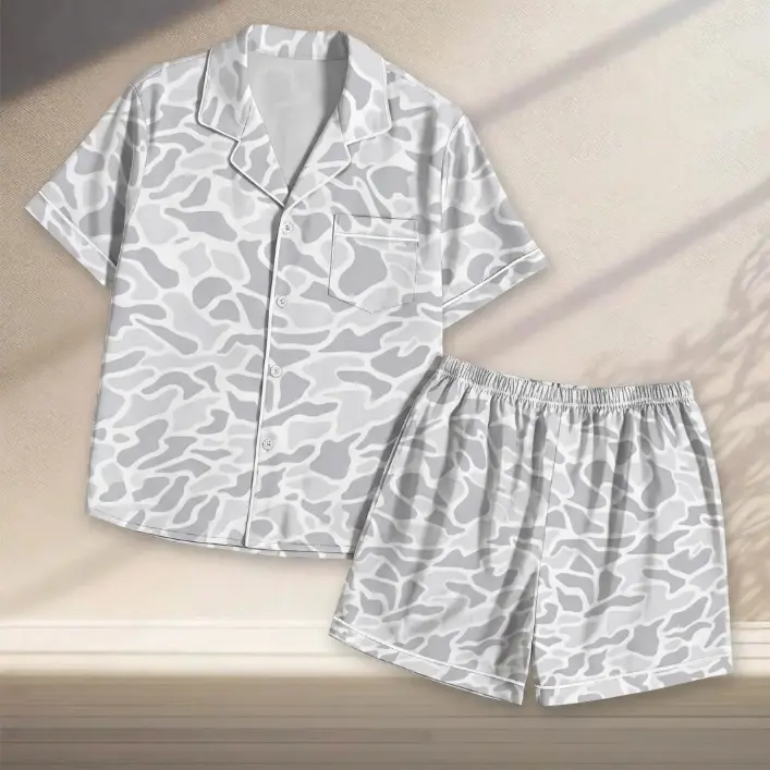 Luxury Gray Camo Pajama Set - Cool Camouflage Satin Sleepwear, Comfy Summer Loungewear 2-Piece Short PJ Set, Cozy Gift for Women
