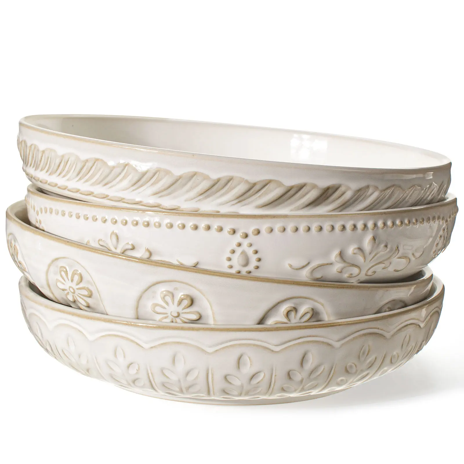 Artena Pasta Bowls, Large Salad Serving Bowls, Plates Bowls Set of 4, Big White Ceramic Soup Bowls for Kitchen, Embossment Shallow Dinner Bowl, Microwave Dishwasher Safe