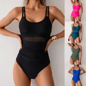 Women's Black Mesh Panel One Piece Swimsuit - Ruched Front Slimming Swimwear for Modest Beach & Vacation (Multiple Colors)
