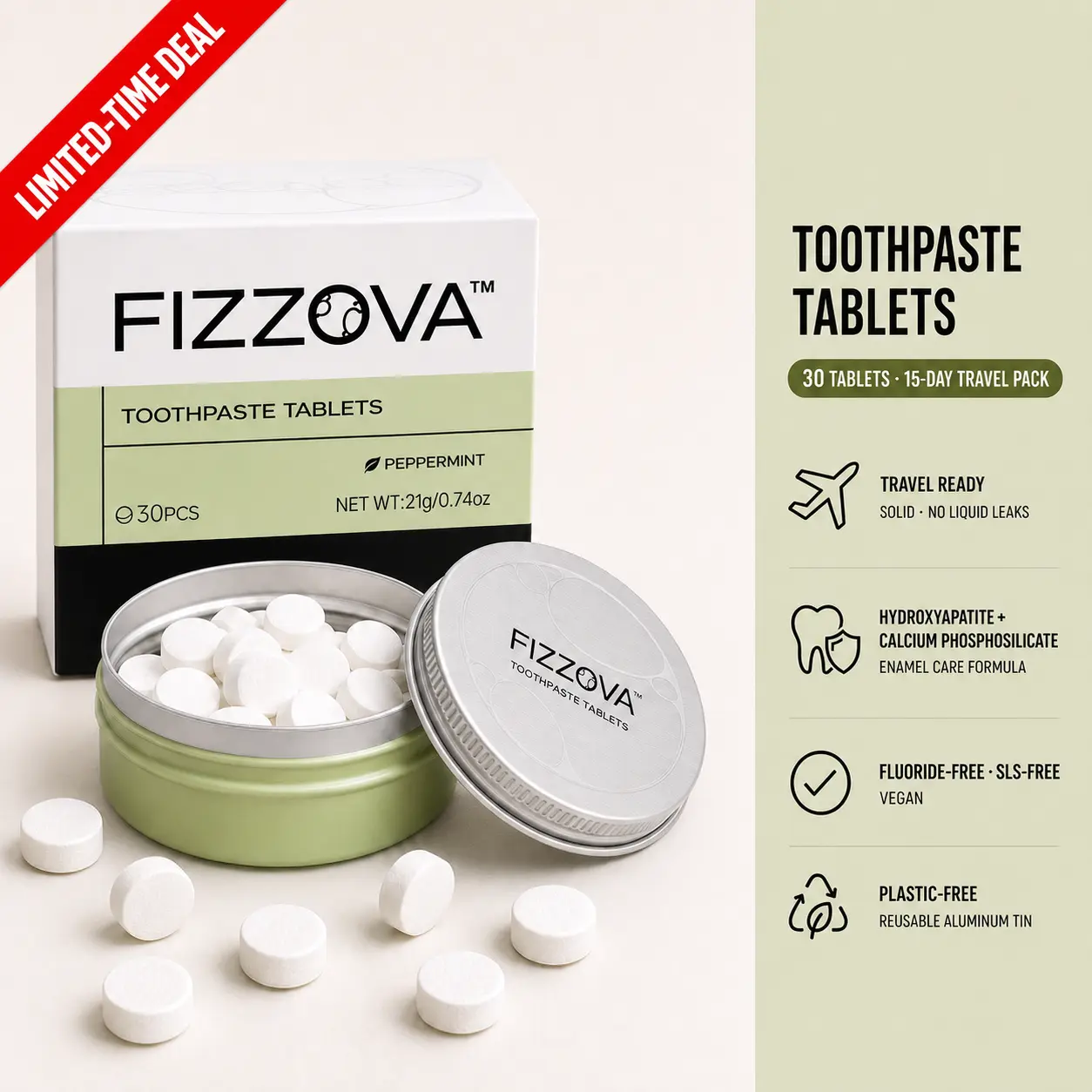 FIZZOVA Toothpaste Tablets, 30 Count Fresh Mint Toothpaste Tabs with Hydroxyapatite, Calcium Phosphosilicate, Xylitol & Probiotics, Fluoride-Free, SLS-Free, Vegan, Plastic-Free, Fast-Foaming Chewable Toothpaste Bites in Reusable Aluminum Travel Tin
