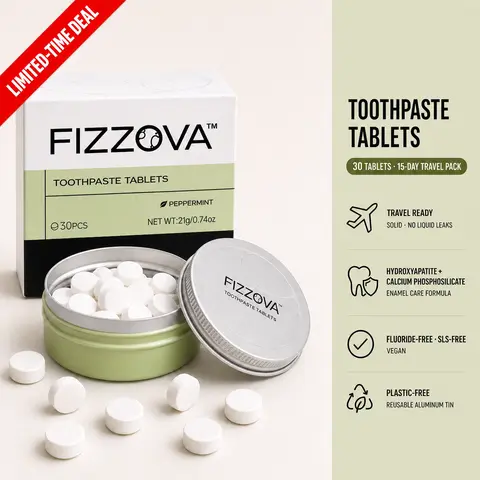 FIZZOVA Travel Size Toothpaste Tablets (30 Count, Peppermint) - Eco-Zero Waste, Vegan, Plastic-Free Teeth Cleaner Chewable Bites with Hydroxyapatite, Calcium Phosphosilicate, Xylitol, Probiotics for Cleansing, Pearly Whites, Bright Smile #backtoschool