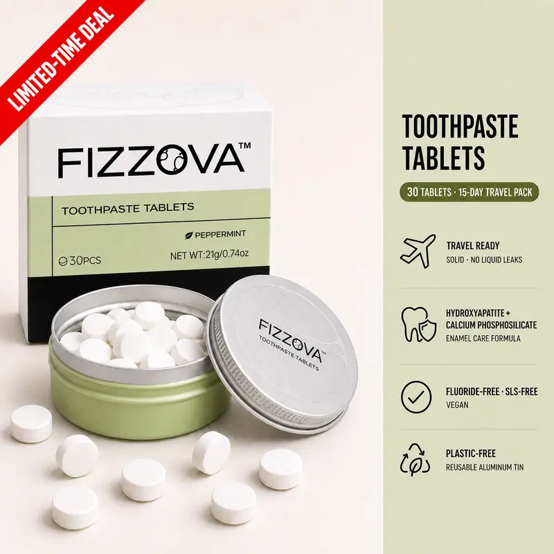 FIZZOVA Travel Size Toothpaste Tablets (30 Count, Peppermint) - Eco-Zero Waste, Vegan, Plastic-Free Teeth Cleaner Chewable Bites with Hydroxyapatite, Calcium Phosphosilicate, Xylitol, Probiotics for Cleansing, Pearly Whites, Bright Smile #backtoschool