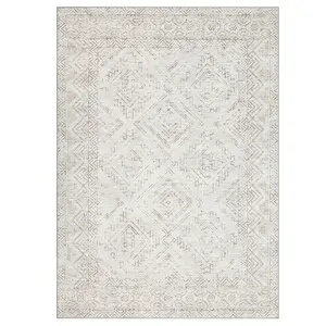 6x9 ft Rectangular Shape Polyester Rug, Beige White Geometric Graphic Rug, Foldable Modern Multi-Room Home Decor with Machine Washable Material for Hallway, Bathroom