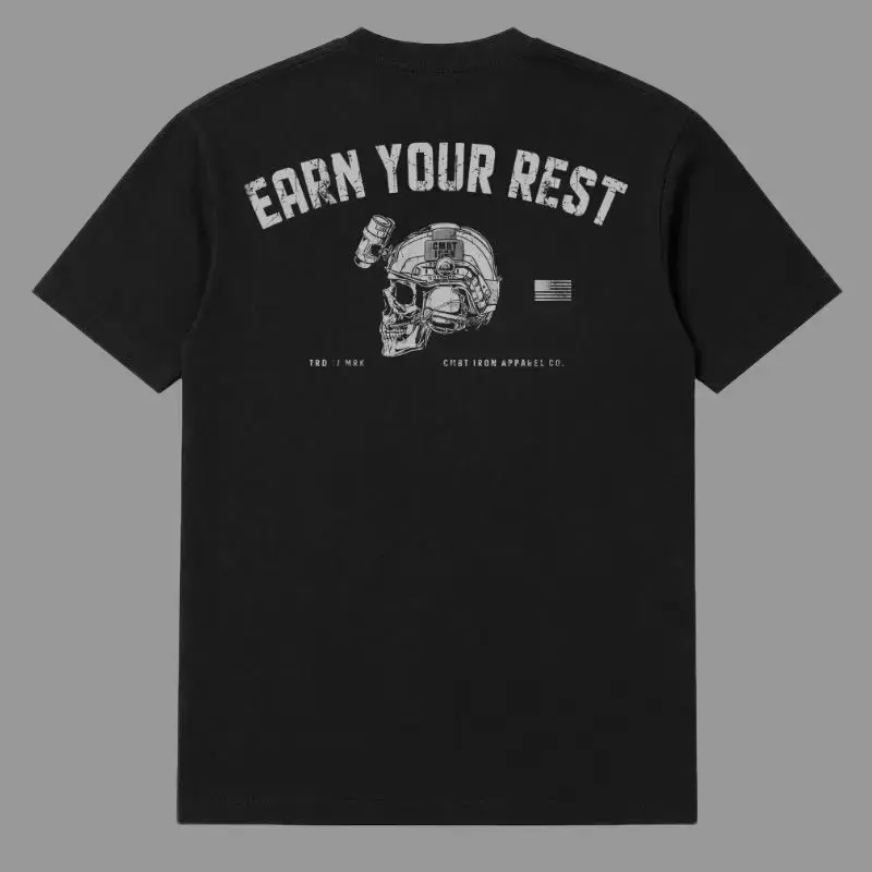 Earn Your Rest Men’s T-Shirt – Tactical Military Graphic Tee by Combat Iron Co, Veteran Fitness Motivation Shirt, Operator Mindset Apparel for Gym and 2A Lifestyle