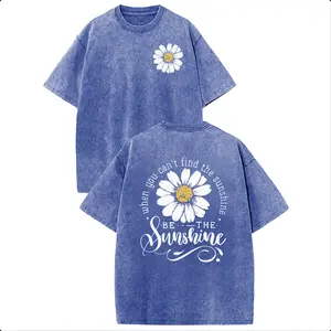 Holafish Heavyweight Cotton Crewneck Streetwear T‑Shirt, Retro Acid Wash Daisy "Be The Sunshine" Inspirational Graphic Printed Unisex Fashion Tees Summervibes Casual Top, 2026 New Color