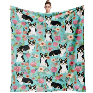 Cute Corgi Print Flannel Blanket 270g Soft Comfortable Skin-friendly Warm Throw Blanket Bedroom Living Room Sofa Cover Home Decorative Nap Blanket All-season Pet Theme Blanket