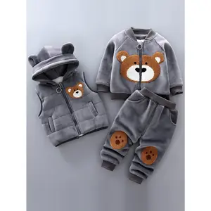 Spring Autumn Winter Baby Boys Girls Clothes Sets Thick Fleece Bear Jacket Vest Pants 3pcs Sport Suit for Infant Warm Outfits Outdoor Set, Perfect for Outdoor