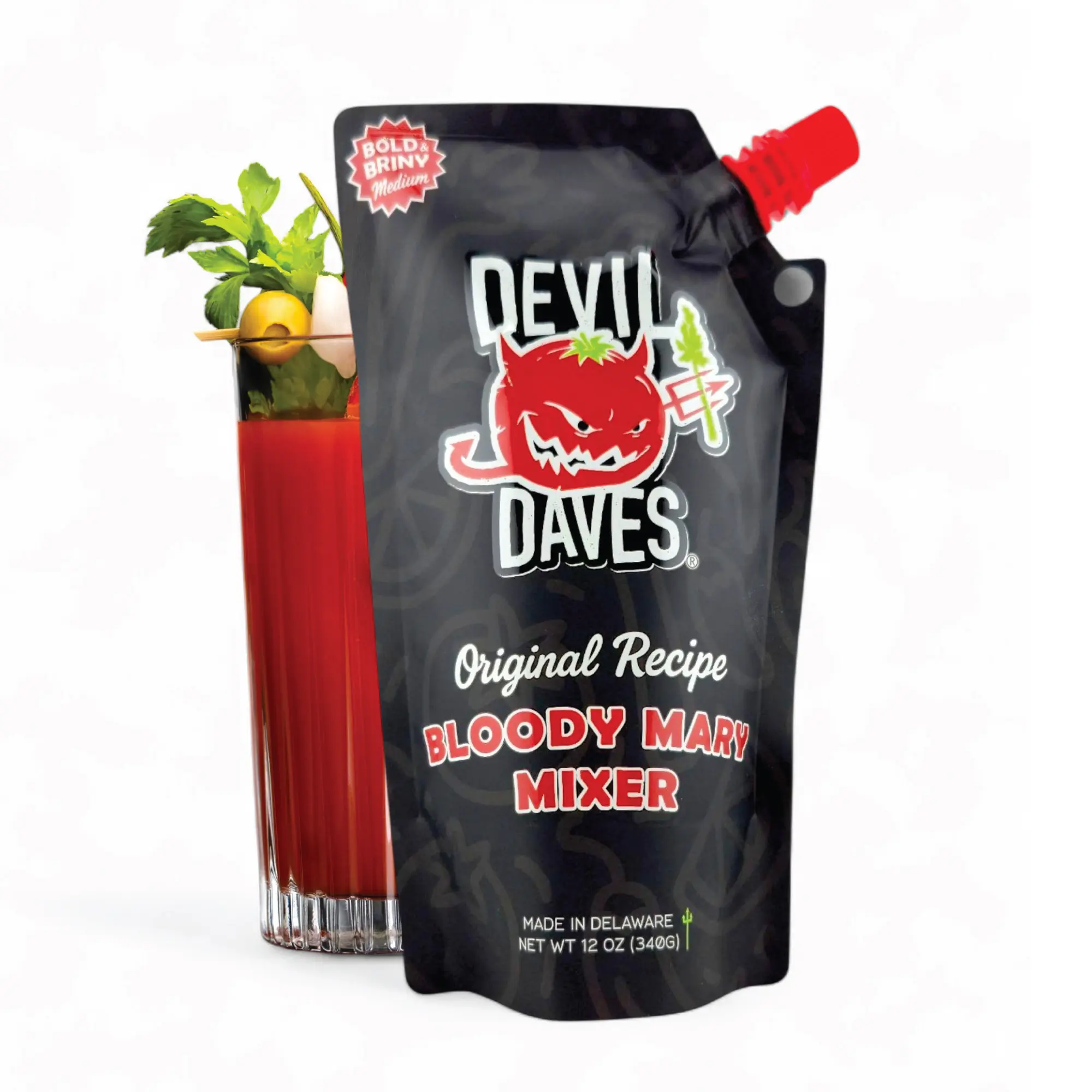 Devil Daves Bloody Mary Mix | Non-Alcoholic Cocktail Mixer, Bold & Briny Medium Heat, 12 oz Reclosable Travel Pouch