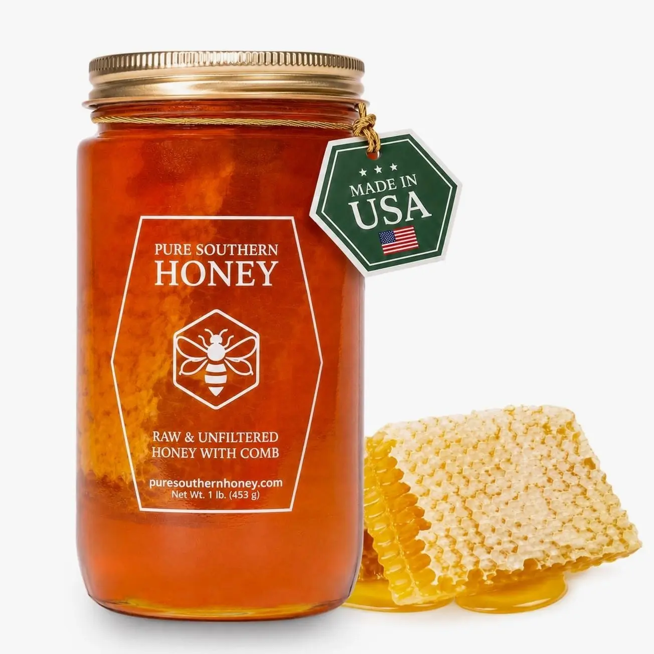 100% Raw Unfiltered Honey With Honeycomb by Pure Southern Honey [1lb] - Authentic, USA - Made Gallberry - Pure Unheated - Non - GMO, Unsweetened, Sugar - Free, Real American Honey With Comb