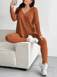 Women's V Neck Long Sleeve Top & Elastic Waist Pants Set, Soft Stretchy Casual for Daily Wear, Comfortable Home Clothing, Womenswear