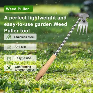 Buy One Get One Free Weed Puller Set, 2 Pack Heavy Duty Stainless Steel Hand Weeder Rake with Non-Slip Wooden Handle, Portable Manual Weeding Tool for Backyard Vegetable & Flower Gardens
