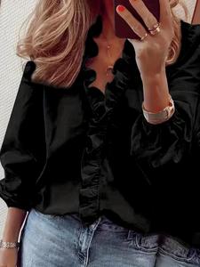 women's plain ruffle trim v neck blouse, elegant basic minimalist comfort bishop long sleeve top for spring & fall, girlfriend clothes, clothes for women, lady clothing for daily wear, womenswear