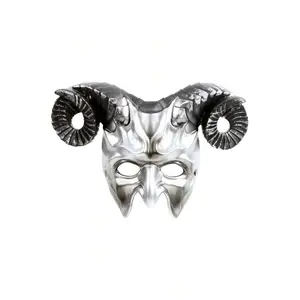 Devil Goat Horned Mask Halloween Cosplay Props Adult Half Face Masquerade Mask with Curved Ram Horns in Silver Finish