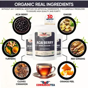 Commando Tea Acai Berry Herbal Tea Blend, Organic & Caffeine Free, Boosts Energy, Cleansing and Immunity, Korean Red Ginseng, Turmeric, Ginger, Cinnamon, Cloves, Orange Peel, No Laxatives, US-made, Hot or Iced
