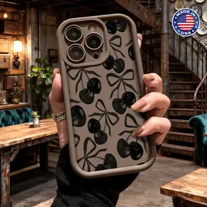 Vintage Black Cherry Bow Pattern Case for iPhone 17 16 15 14 Pro Max 13 12 11 XR XS Plus Air Slim Lightweight Shockproof Anti Drop Durable TPU Cover
