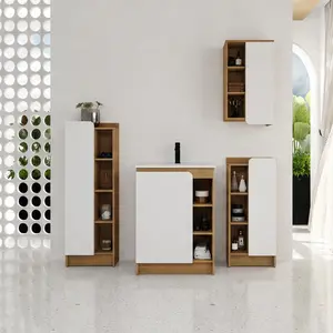 ARCH 4-Piece Bathroom Vanity Set with Thin-Edge Ceramic Sink, Light Oak/Black/White Color Options, Plywood Storage Cabinets, Tall & Side Cabinets, Dual-Color Door Panels, Moisture-Resistant, KD Assembly, Complete Bathroom Storage Solution