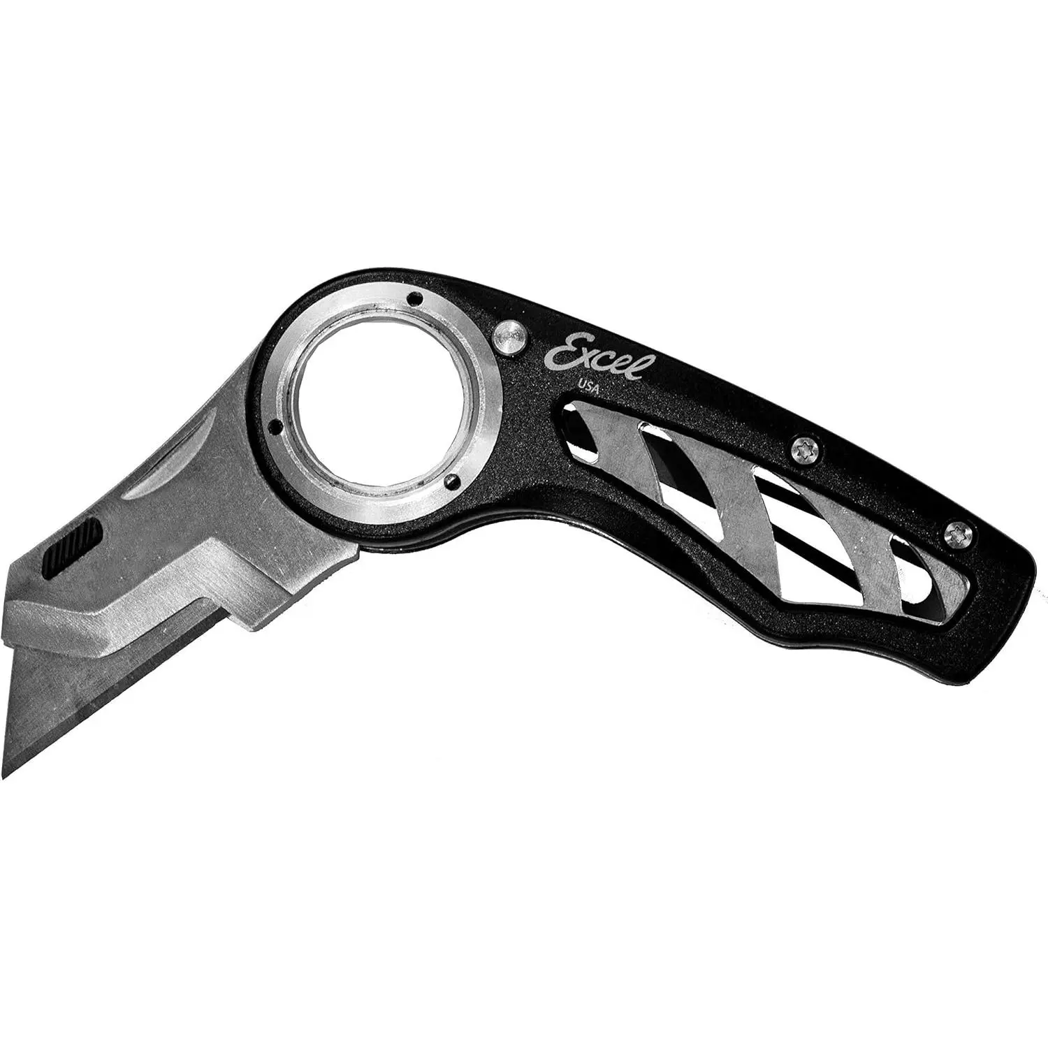 Heavy-Duty Folding Utility Box Cutter Cutting Tool - Aluminum Body, Compact Fold, Quick-Change #92 Blades, 3-Lock Design, Anti-Slip Finger Loop Grip, Included Holster, Open Center for DIY Users - Black Home Supplies Accessory, Three Locks