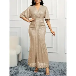 Sequin Surplice Neck Cocktail Dress, Elegant Ruffle Sleeve Mermaid Hem Dress For Party & Banquet, Women's Clothing Wedding/Evening dress/Occasion/Engagement/Ceremony Fabric Formal Womenswear Dark Green Workwear Polyester Vneck