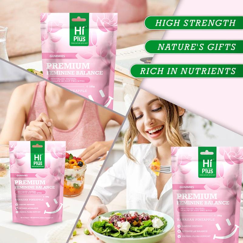 HiPlus Premium Feminine Balance Gummies for Women's Health & Wellness Immune Support Vegan Gluten-Free Hawaiian Pineapple Flavor 60 Gummies 30 Servings acne safe supplements clear skin hormone balance Liposomal NAD Energy Supplement Bundle
