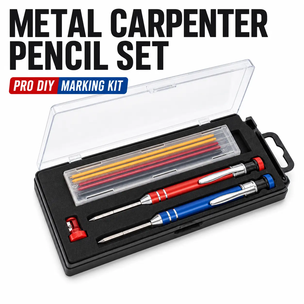 Portable Aluminum Carpenter Pencils Kit with Refills, Sharpener - Ergonomic Durable Body, Accurate Marking for Woodworking, Tile Installation - Precision Deep Hole Mechanical Hand Tool for Pro Building, DIY Hacks