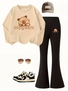 2 Piece Girls Cute Capybara Print Fashion Set, Stylish Animal Print Sweatshirt and Flare Pants for Casual Outdoor Activities, Soft Comfortable for Spring and Fall