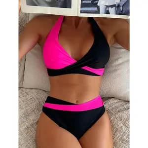 New Split Fashion Solid Color Sexy Splicing Multi Color Hanging Neck High Waist Triangle Women'S Bikini Swimsuit Women