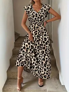 Vintage Leopard Print Flounce Cap Sleeve Waist-Cinched Fitted A-Line Maxi Dress, Ideal for Casual Wear, Casual Vacation and Elegant Outings, Lady, Womenswear, Women's Sun Dress