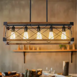American Retro Industrial Style Solid Wood Pendant Light | Rectangular Farmhouse Pendant Light with 5 Lights | Suitable for Restaurant/Kitchen Island/Bar Area/Living Room