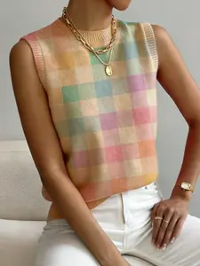 Women's Geometric Plaid Colorblock Print Stand Collar Short Fitted Sweater, Casual Sleeveless Knit Top for Spring Fall Winter, Comfortable All-Season Wear