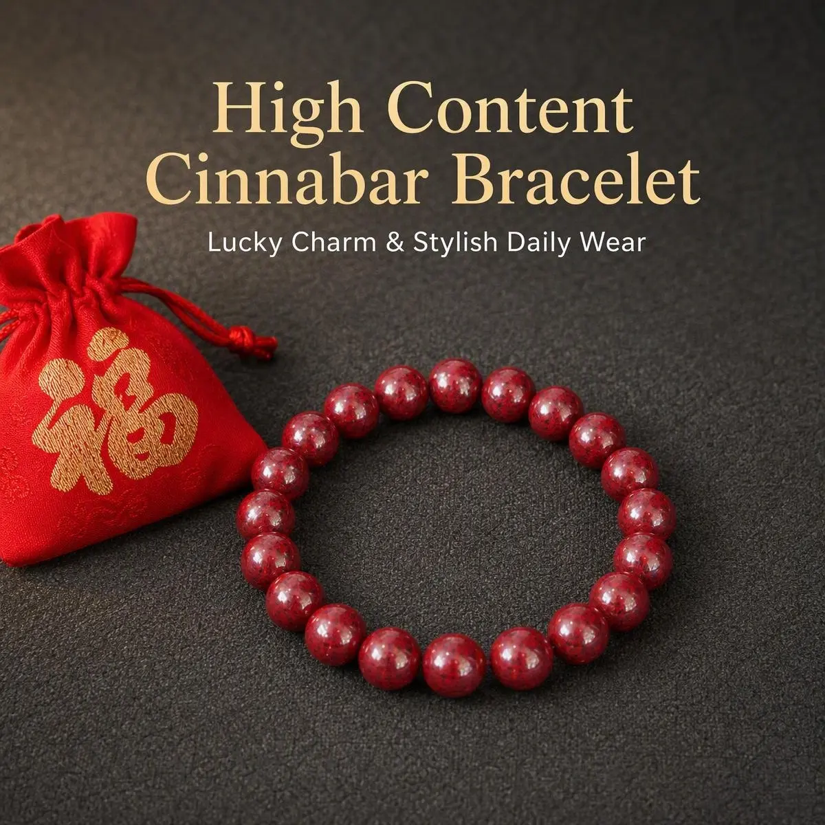 Artisanal Eastern Heritage Cinnabar Quartz Bracelet - High-Purity Red Cinnabar Stone Crystal Beads, High Density, Grounding Power, Travel Essentials with Silk Pouch for Focus & Inner Strength, Dry Cloth Clean