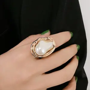 Large Baroque Pearl Statement Chunky Rings | Oval Geometric Gemstone Cocktail Ring