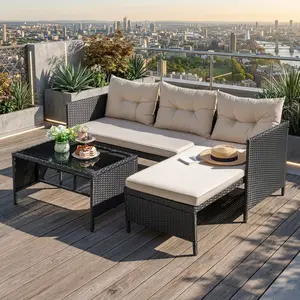 3 Piece Rattan Patio Furniture Set L-Shaped Sectional Outdoor Sofa With Chaise Lounge Loveseat Thick Soft Cushions Tempered Glass Coffee Table All Weather Handwoven PE Rattan Steel Frame Waterproof Leisure Couch For Backyard Garden Patio Balcony Home Deco