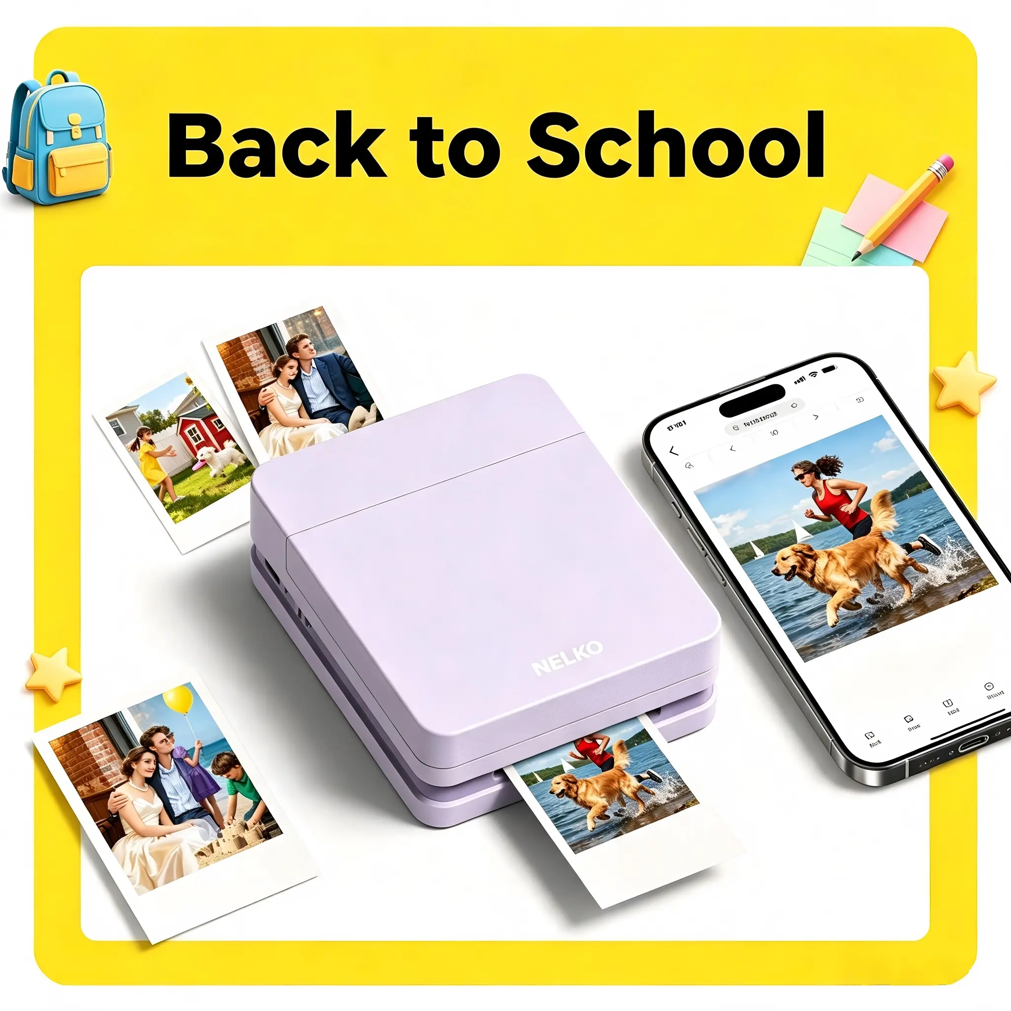 Back to School Photo Printer, Nelko Pocket PP01 Instant Inkjet Mini Color Instant Printer with Sticky-Back Photos, Portable Bluetooth Printer for Students, Dorm Decor & School Projects, Fun Editing App, USB Rechargeable