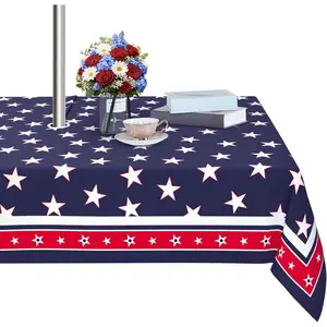 4th of July Patriotic Rectangle Outdoor Tablecloth with Umbrella Hole and Zipper 60x84 Inch Independence Day Patio Table Cloth American Flag Washable Table Covers for Party Picnic Dinner Garden