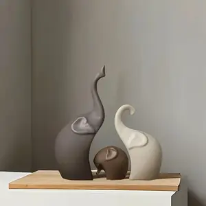 3 Pieces/Set Nordic Matte Ceramic Elephant Family Figurine, Animal Sculpture for Living Room Decoration