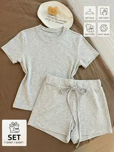 Refined, Fitted Y2K Casual & Romantic Womenswear Set — 2 Piece Rib-Knit Crop Top & Shorts, Available in Multiple Colors, Perfect for Aesthetic Lounge and Daily Chic | Viral TikTok Trend, Soft Breathable Fabric, Effortless Look