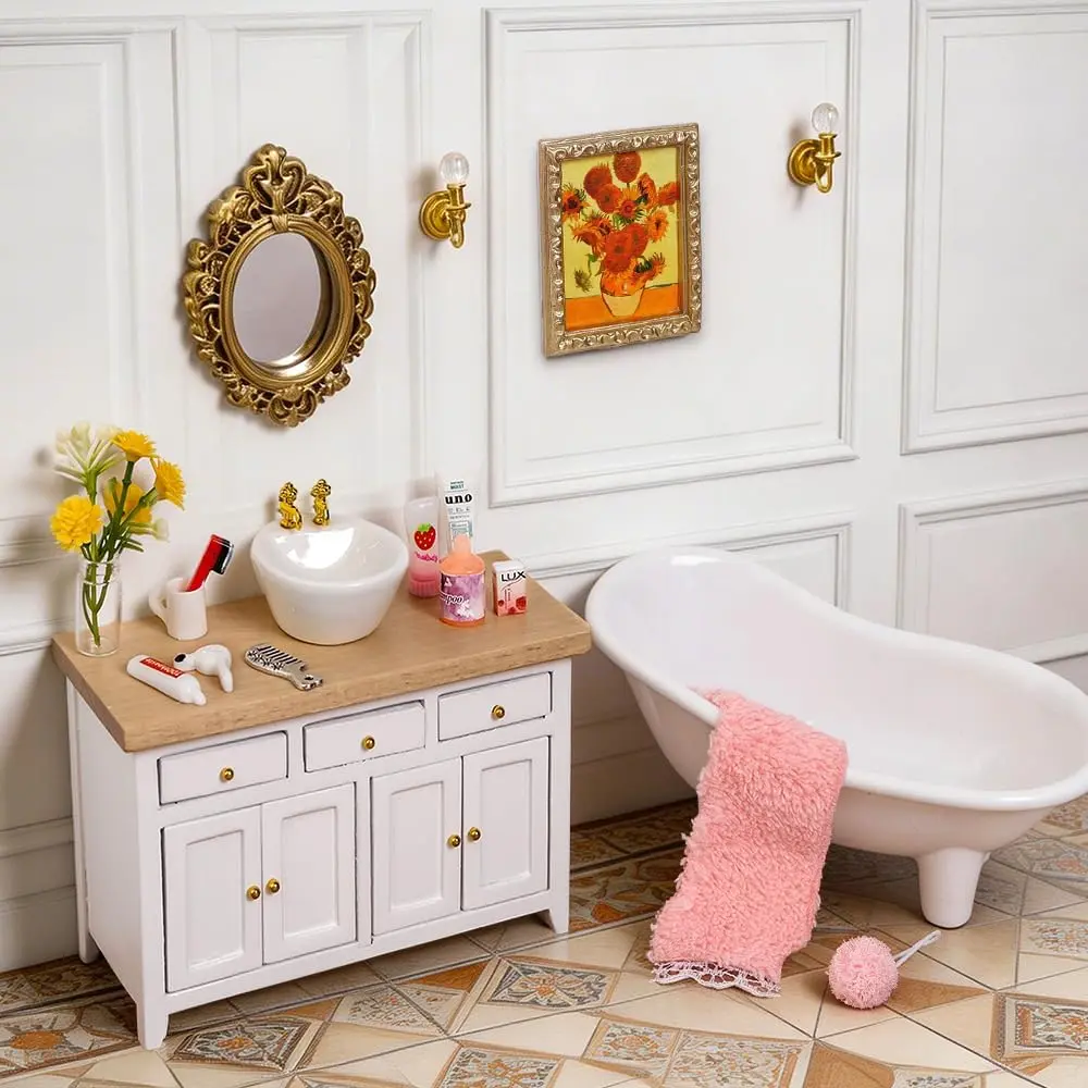 1:12 Scale Dollhouse Bathroom Decorative Set, 20pcs Miniature Furniture Accessories - Sink, Vanity Mirror, Ceramic Bathtub, Hairbrush - for Play Figurines Decoration, No Excessive Unneeded Add-ons