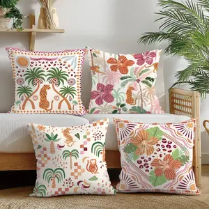 4 Piece Summer Leopard Flower Pillow Covers, Single-Sided Print, Simple Home Decor for Living Room Bedroom, No Inner Cushion Included