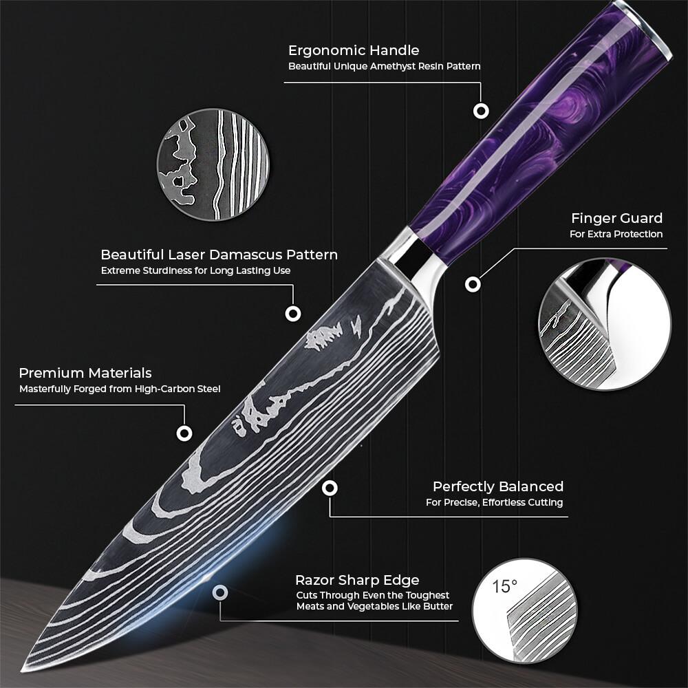 Stunning 'Amethyst' 8" Chef's Knife - Japanese High Carbon Steel Kitchen Knife with Purple Resin Handle - Amethyst Collection - Senken Knives Stunning 'Amethyst' 8" Chef's Knife - Japanese High Carbon Steel Kitchen Knife with Purple Resin Handle - Amethyst Collection - Senken Knives