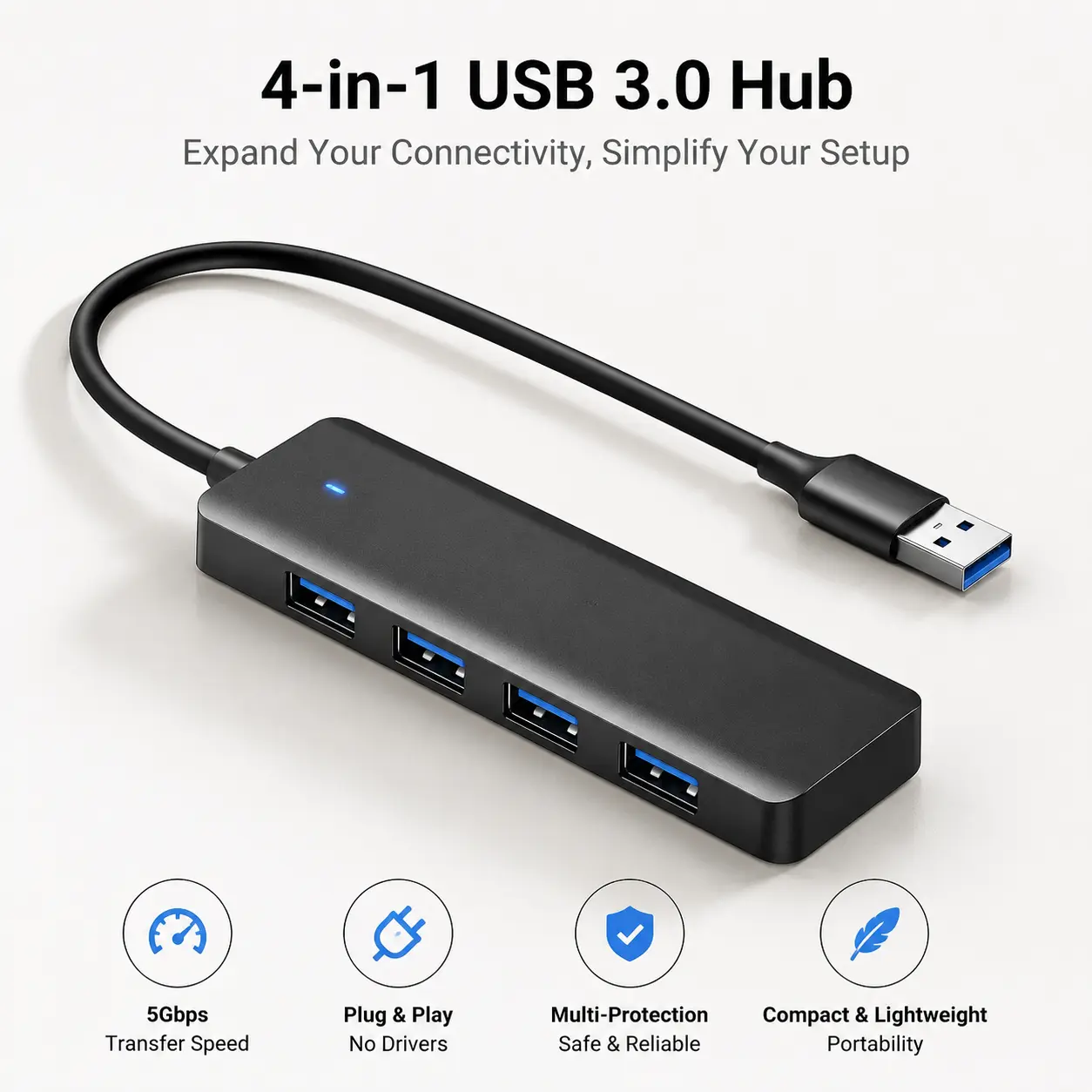 USB Hub 4 Ports, Multiple USB 3.0 Hub, USB A Splitter Ultra-Slim USB Expander for Mouse, Keyboard, Flash Drive, U Disk, Printer, Laptop PC, Desktop and More