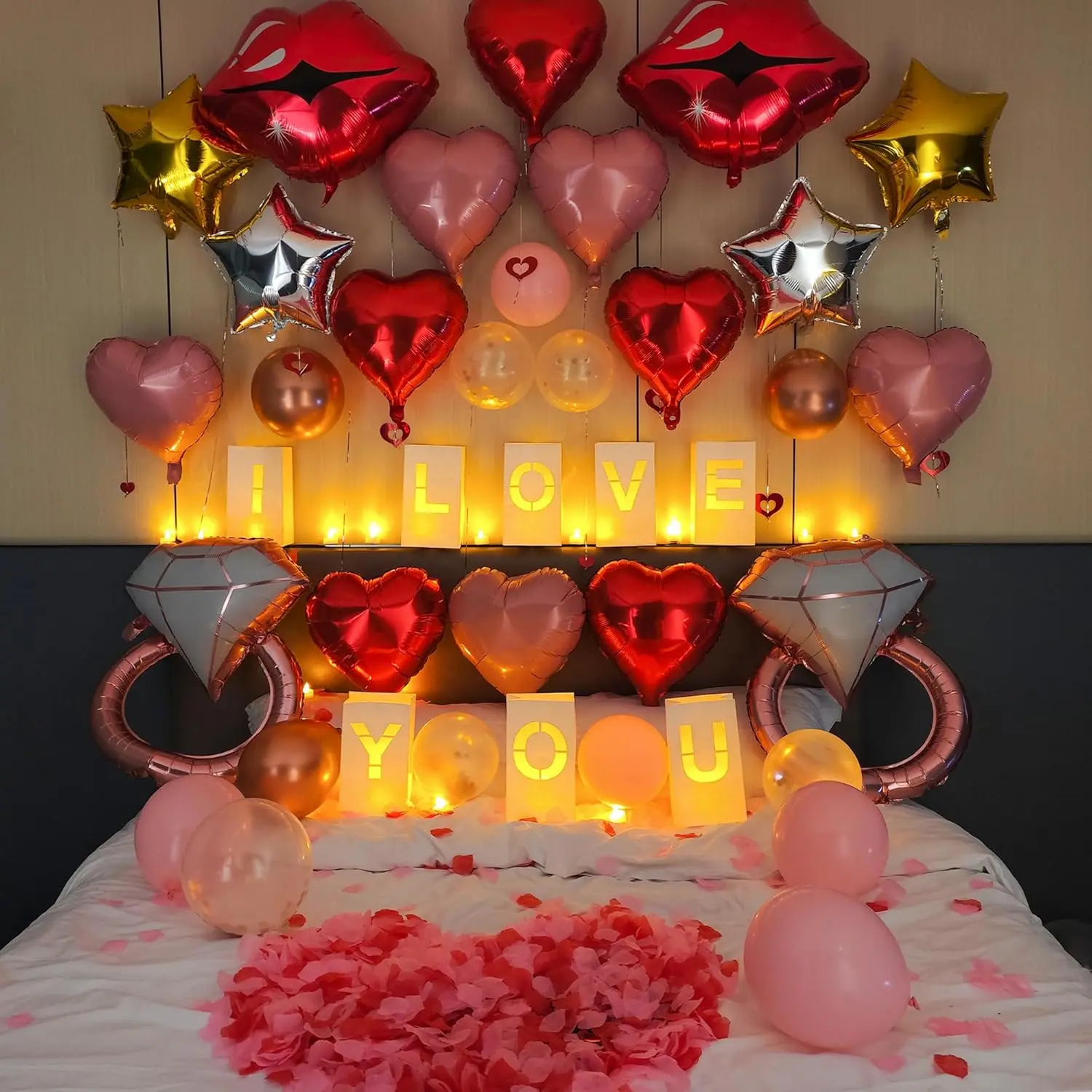 I Love You Light Up Letters with Flameless Tealights, Rose Petals and Balloons Luminary Bags for Happy Anniversary Decorations Proposal Decorations Love Decoration
