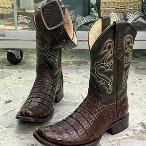 GENUINE LEATHER BOOTS FOR MEN WITH BELT .DUBAI STYLE Brown Alligator Embossed Western Boots with Unique Design